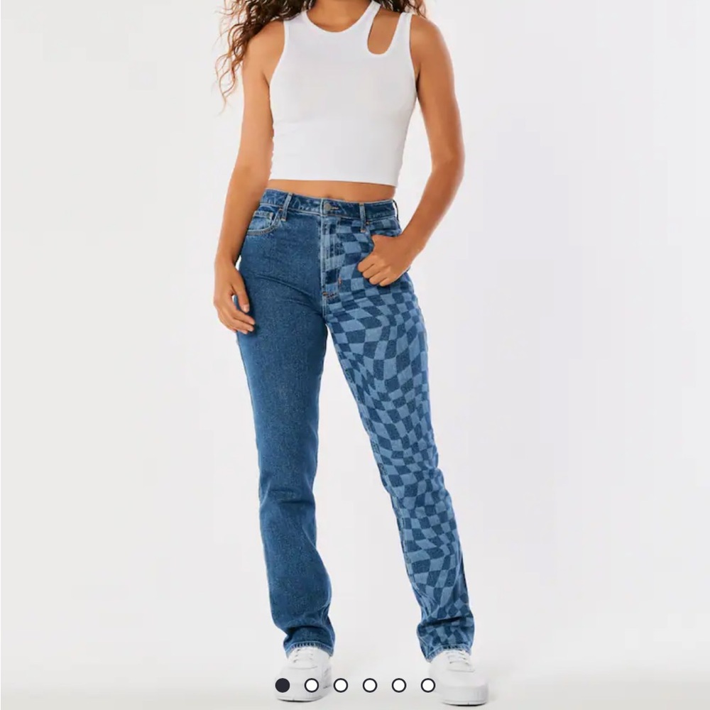 Womens Hollister Ultra High-Rise Medium Wash Colorblock Check 90s Straight Jeans